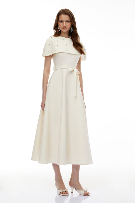 Violet Midi Dress White Embellished with Cape