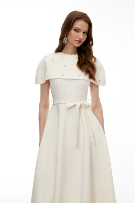 Violet Midi Dress White Embellished with Cape