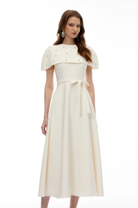 Violet Midi Dress White Embellished with Cape