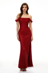 Scarlet Red OffShoulder Rhinestone Evening Gown