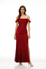 Scarlet Red OffShoulder Rhinestone Evening Gown