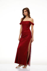 Scarlet Red OffShoulder Rhinestone Evening Gown