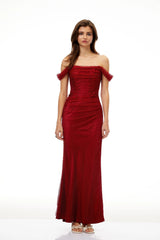 Scarlet Red OffShoulder Rhinestone Evening Gown