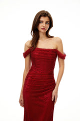 Scarlet Red OffShoulder Rhinestone Evening Gown