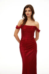 Scarlet Red OffShoulder Rhinestone Evening Gown