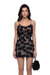 Sedna Black Sheer Mini Dress with 3D Florals