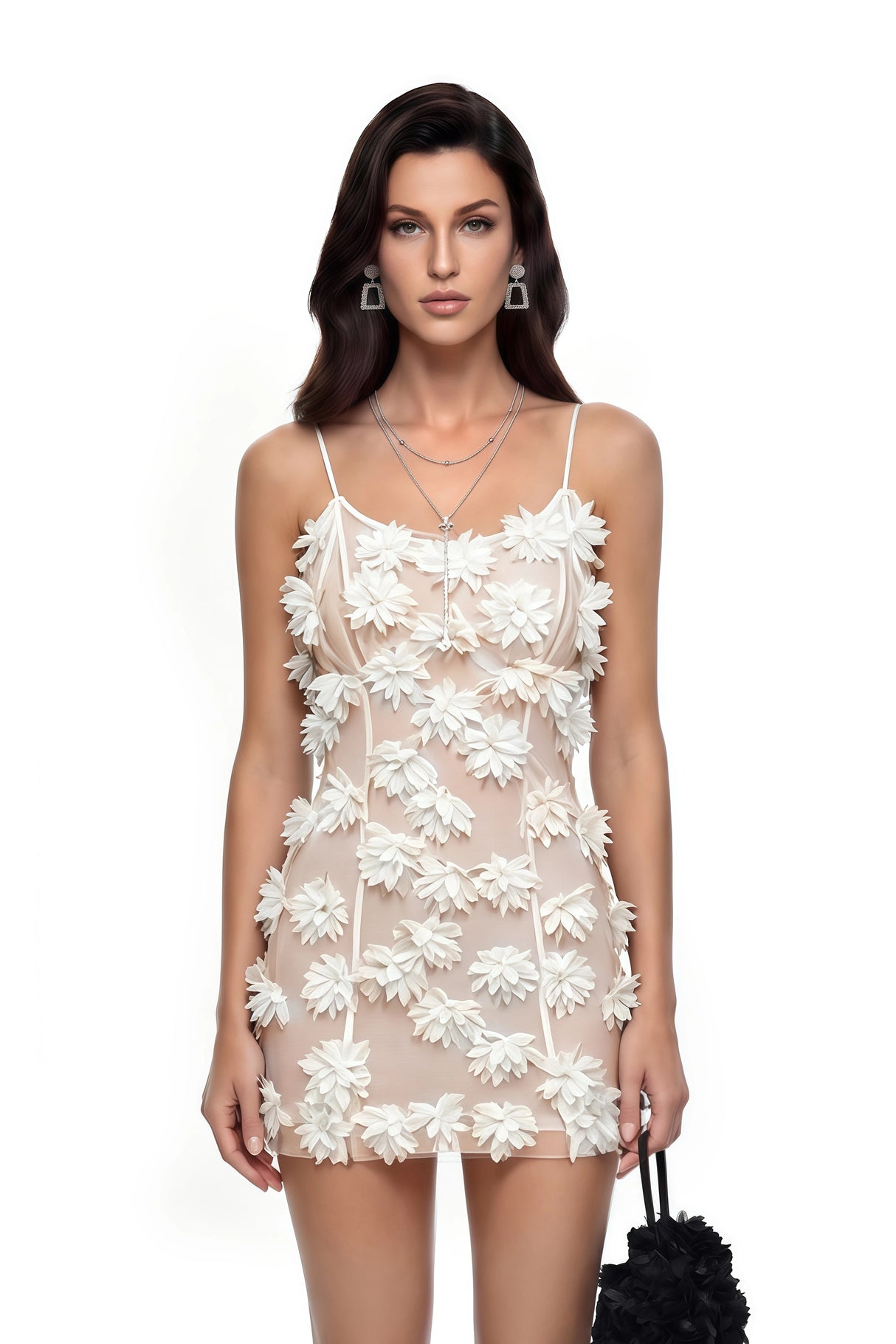 Sedna White Sheer Mini Dress with 3D Florals