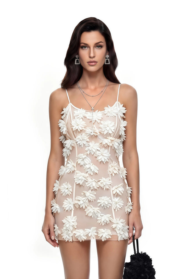 Sedna White Sheer Mini Dress with 3D Florals