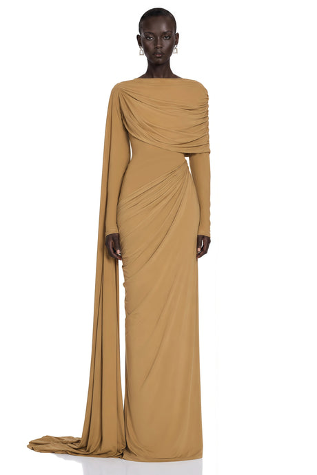 Maria Maxi Dress Khaki Long Sleeve Draped with Cape