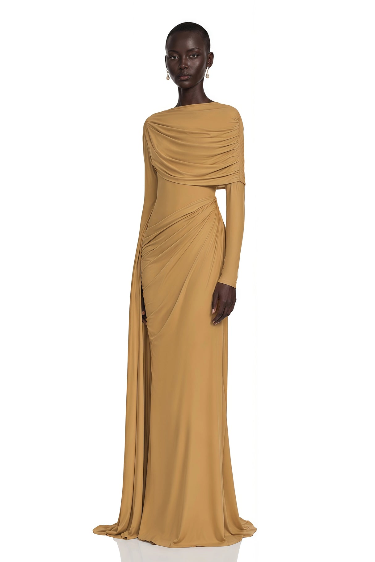 Selena Khaki Long Sleeve Draped Maxi Dress with Cape
