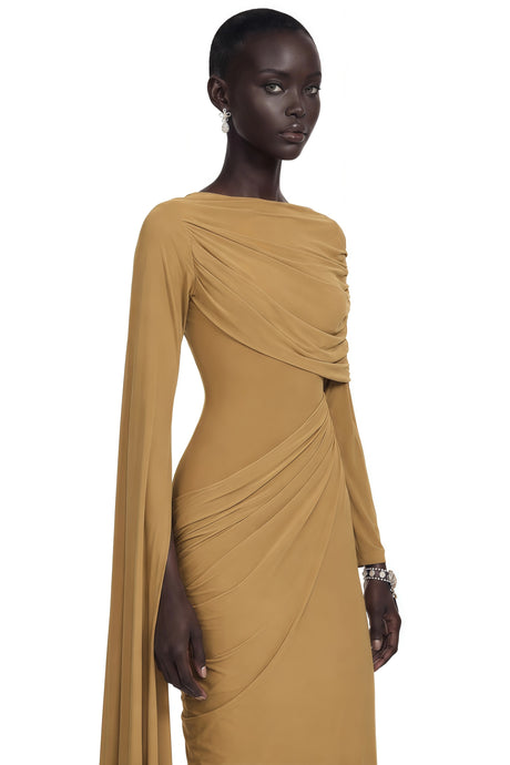 Maria Maxi Dress Khaki Long Sleeve Draped with Cape
