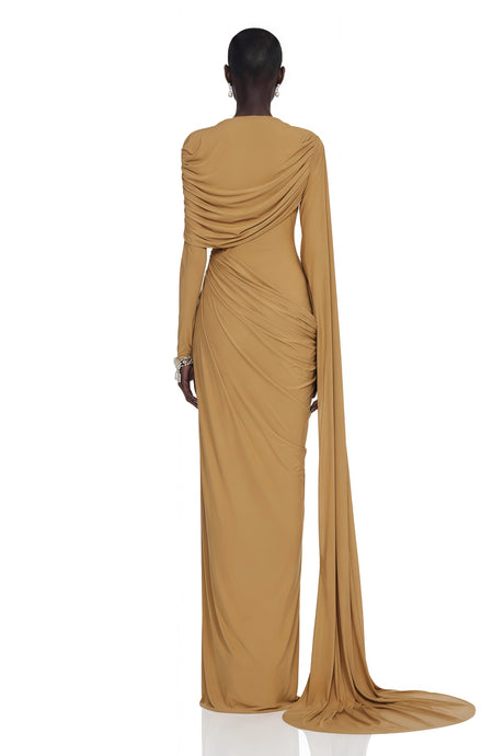 Maria Maxi Dress Khaki Long Sleeve Draped with Cape