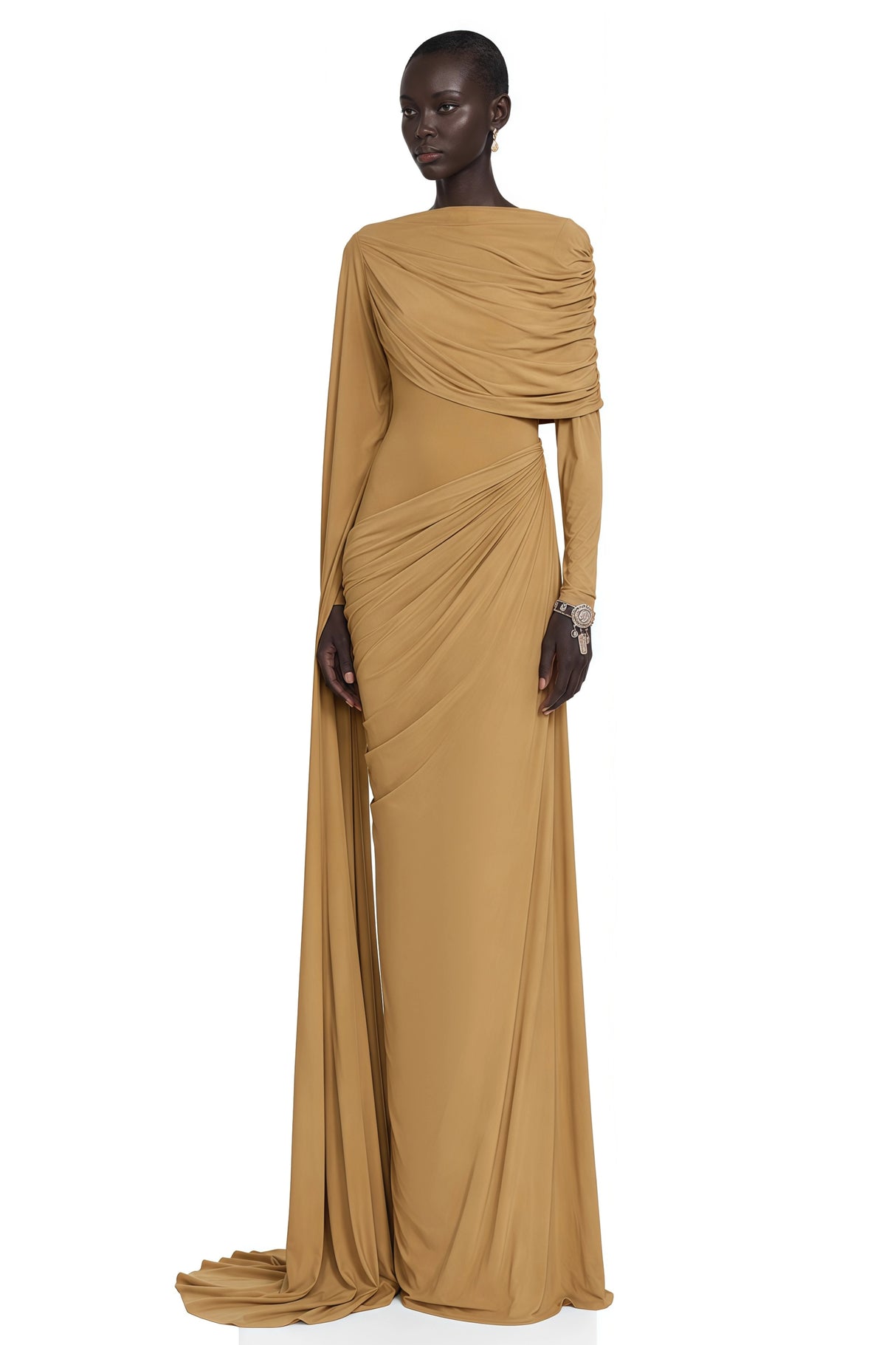 Selena Khaki Long Sleeve Draped Maxi Dress with Cape