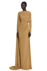 Selena Khaki Long Sleeve Draped Maxi Dress with Cape