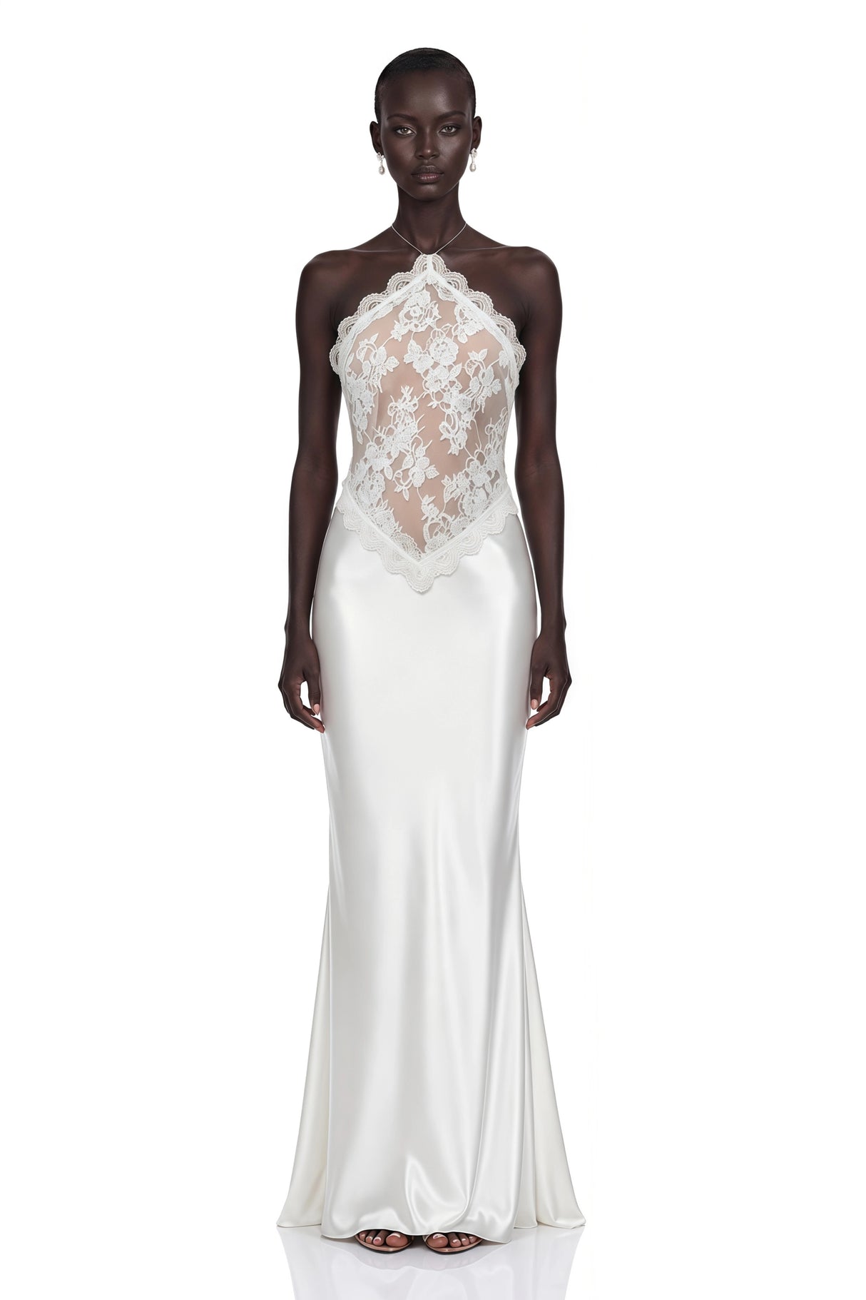 Selene White Lace Panel Satin Maxi Dress