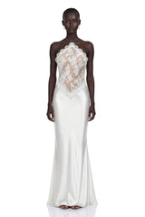Selene White Lace Panel Satin Maxi Dress
