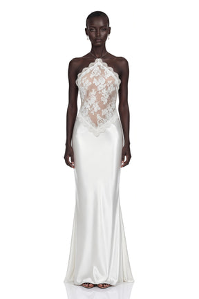 Selene White Lace Panel Satin Maxi Dress