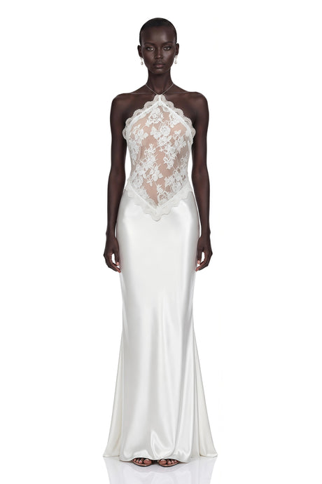 Marina Maxi Dress White Lace Panel Satin