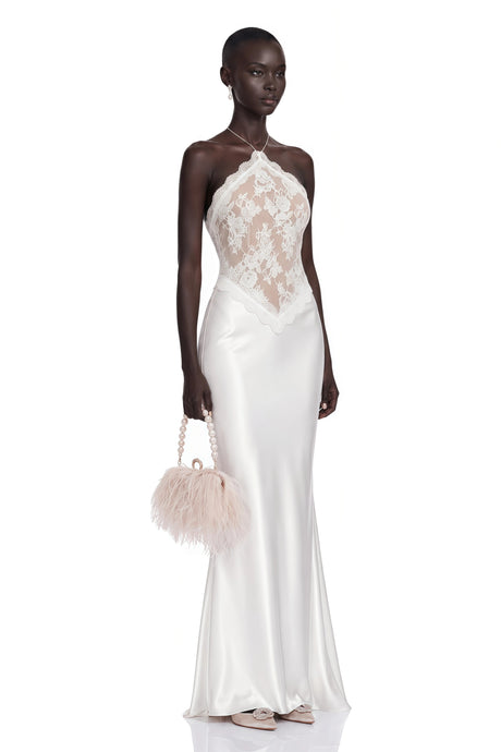 Marina Maxi Dress White Lace Panel Satin