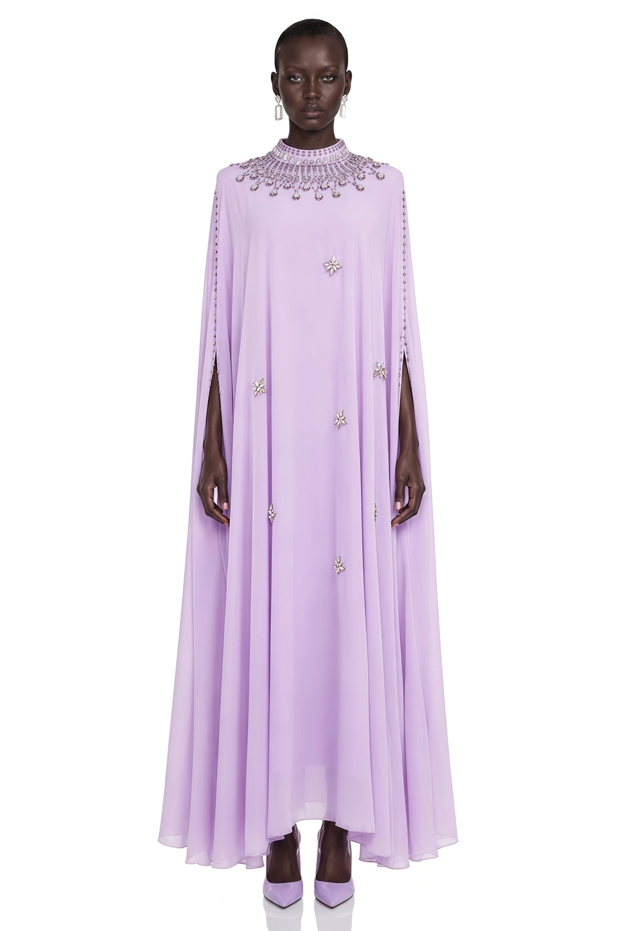 Sena Purple Rhinestone Maxi Dress with Cape sleeve