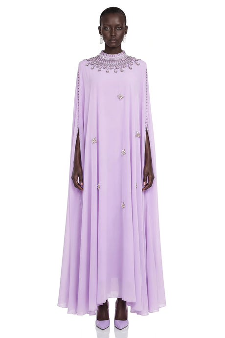 Ella Maxi Dress Purple Rhinestone with Cape sleeve
