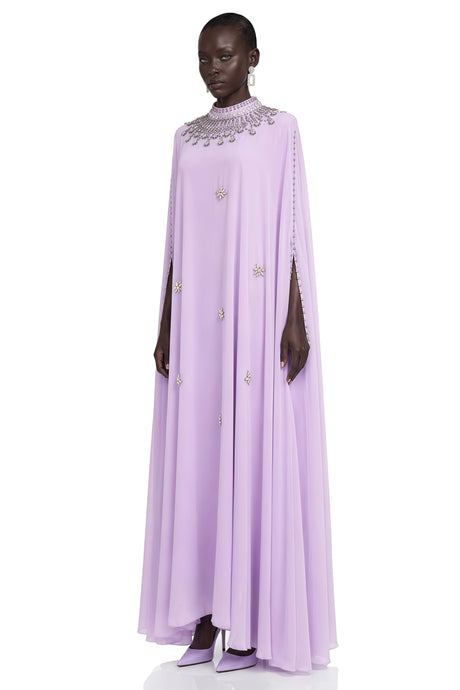 Ella Maxi Dress Purple Rhinestone with Cape sleeve