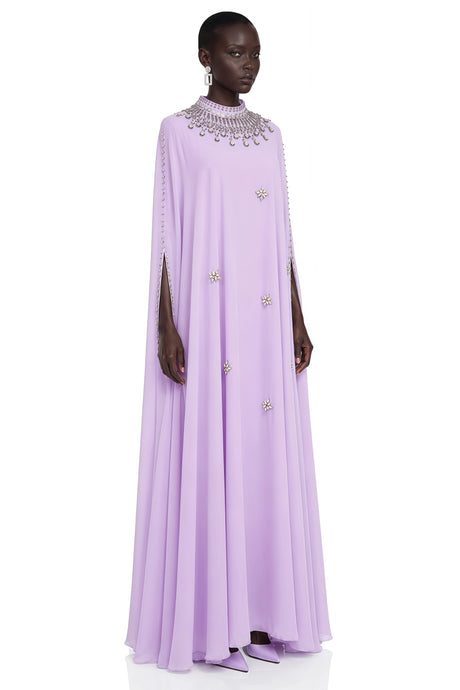 Ella Maxi Dress Purple Rhinestone with Cape sleeve