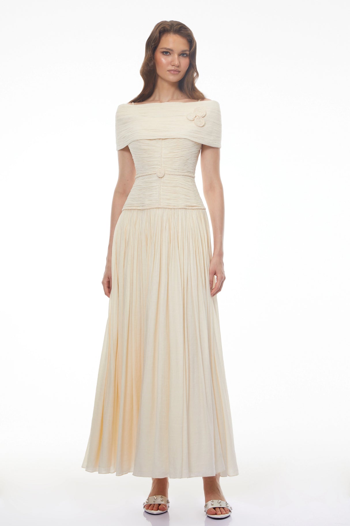 Seraphina Neutral Textured Maxi Dress with 3D Floral