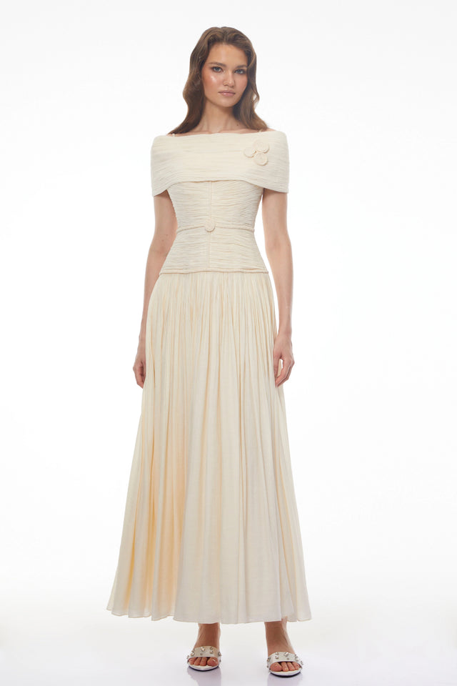 Seraphina Neutral Textured Maxi Dress with 3D Floral