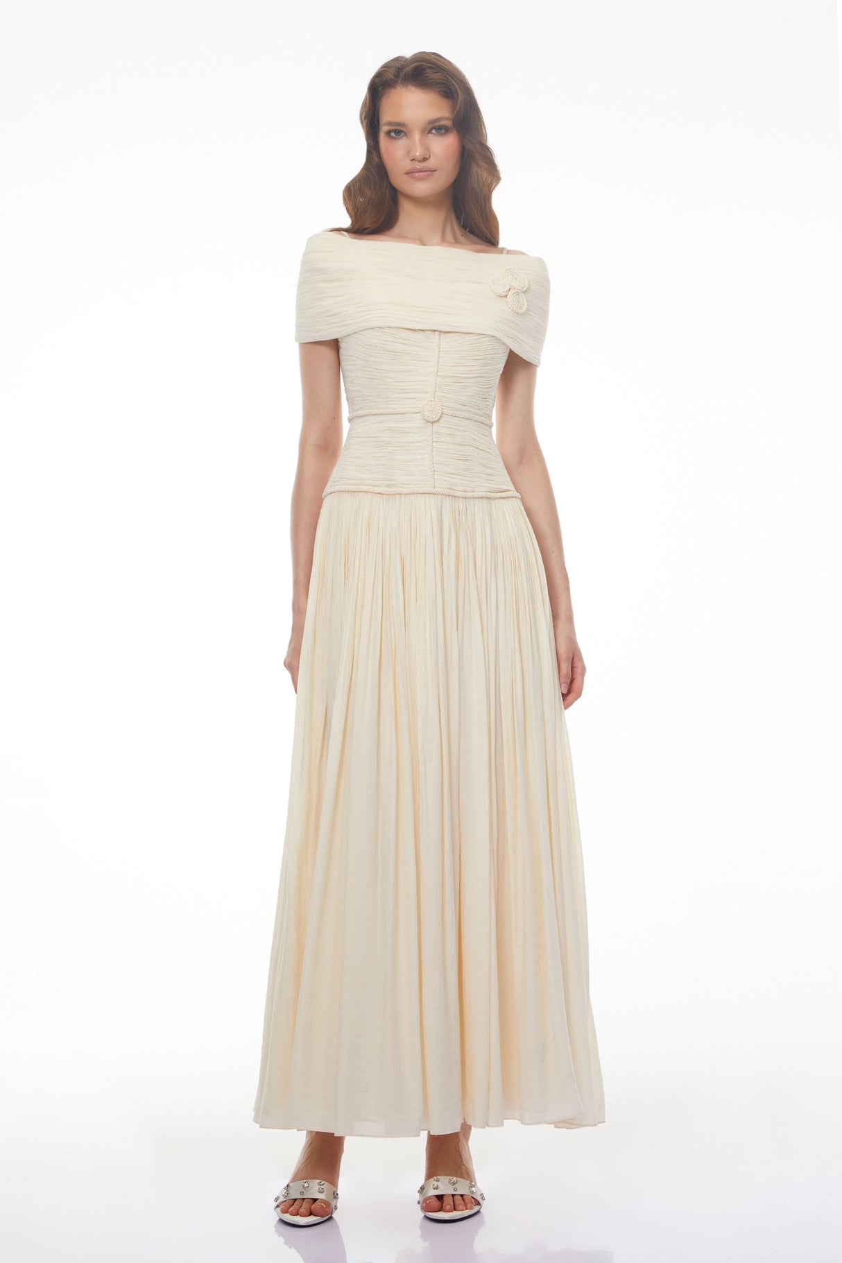 Seraphina Neutral Textured Maxi Dress with 3D Floral