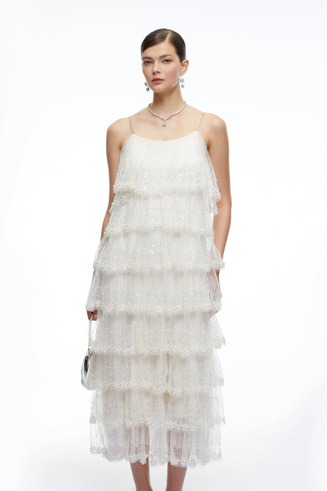 Emery Midi Dress Neutral Tiered Sequin Tulle