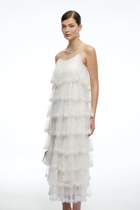 Emery Midi Dress Neutral Tiered Sequin Tulle