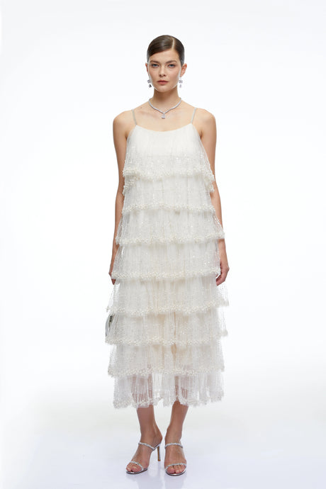 Emery Midi Dress Neutral Tiered Sequin Tulle