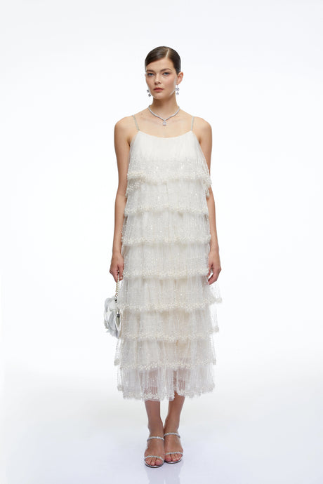 Emery Midi Dress Neutral Tiered Sequin Tulle