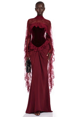 Seraphina Red Floral Lace Maxi Dress with Cape