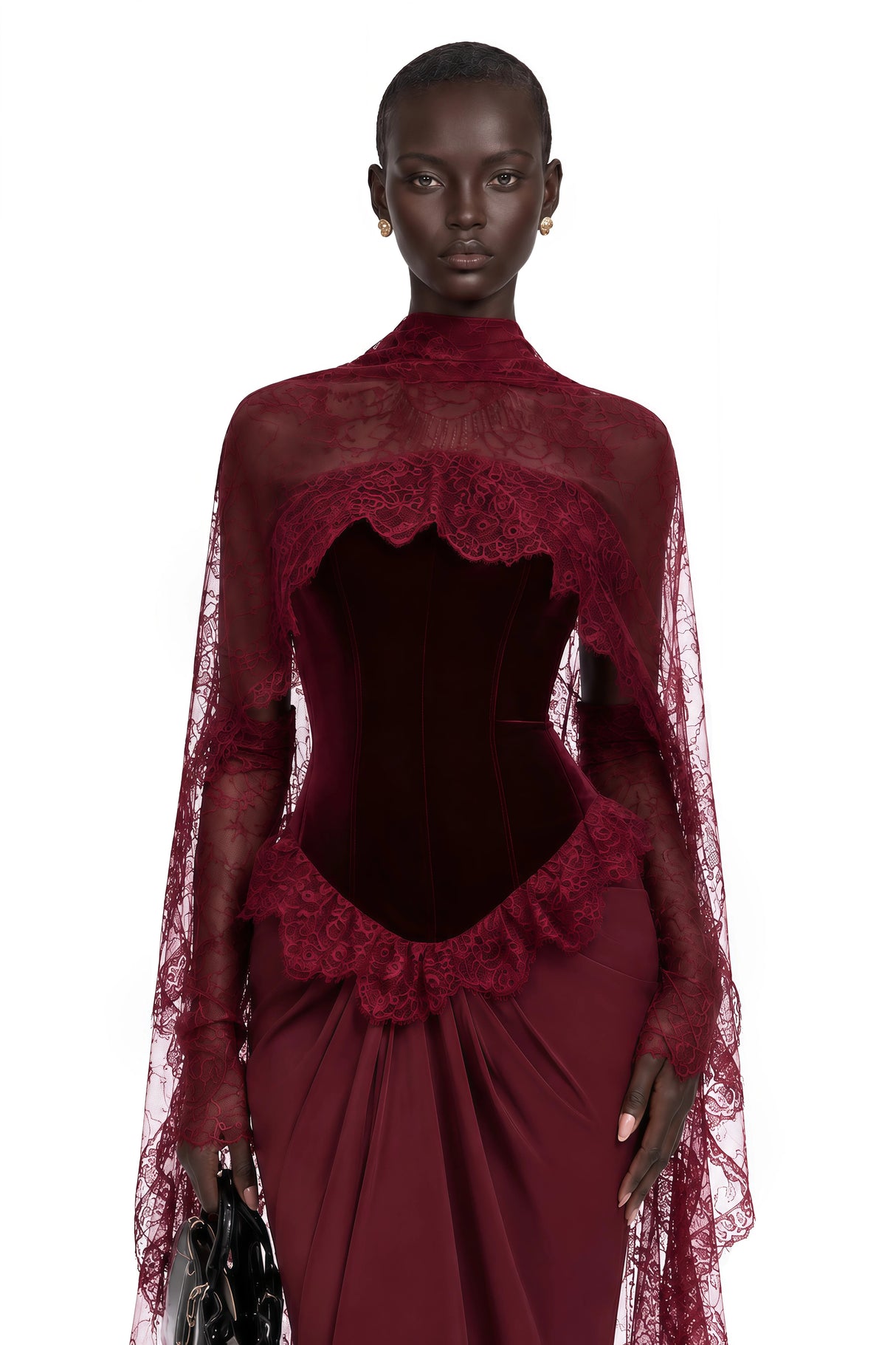 Seraphina Red Floral Lace Maxi Dress with Cape