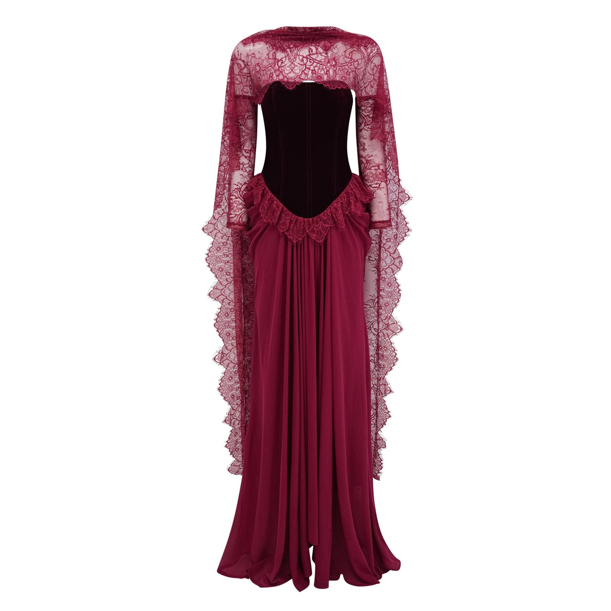 Seraphina Red Floral Lace Maxi Dress with Cape
