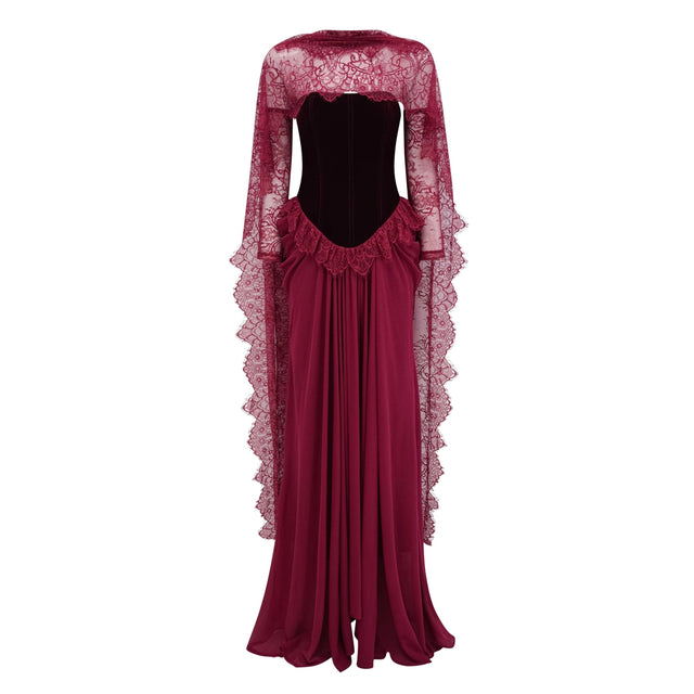 Seraphina Red Floral Lace Maxi Dress with Cape