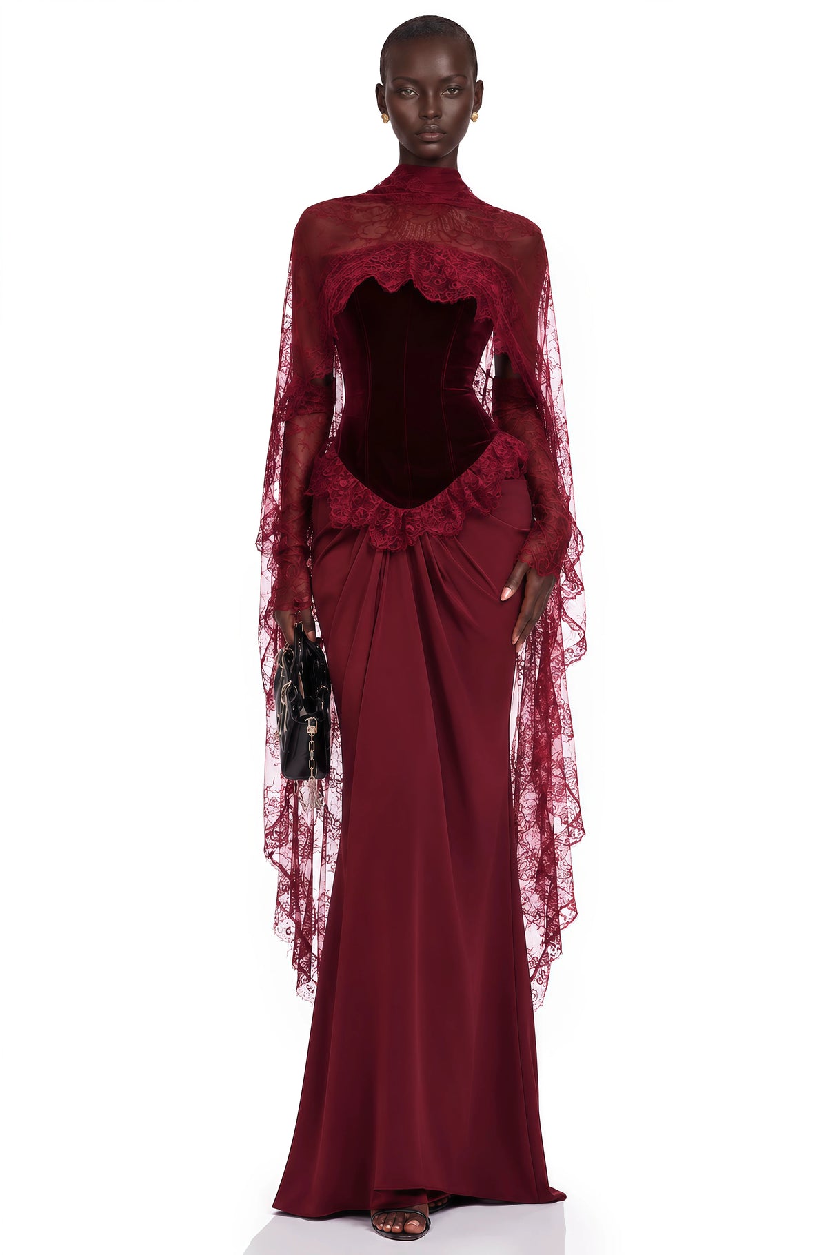 Seraphina Red Floral Lace Maxi Dress with Cape