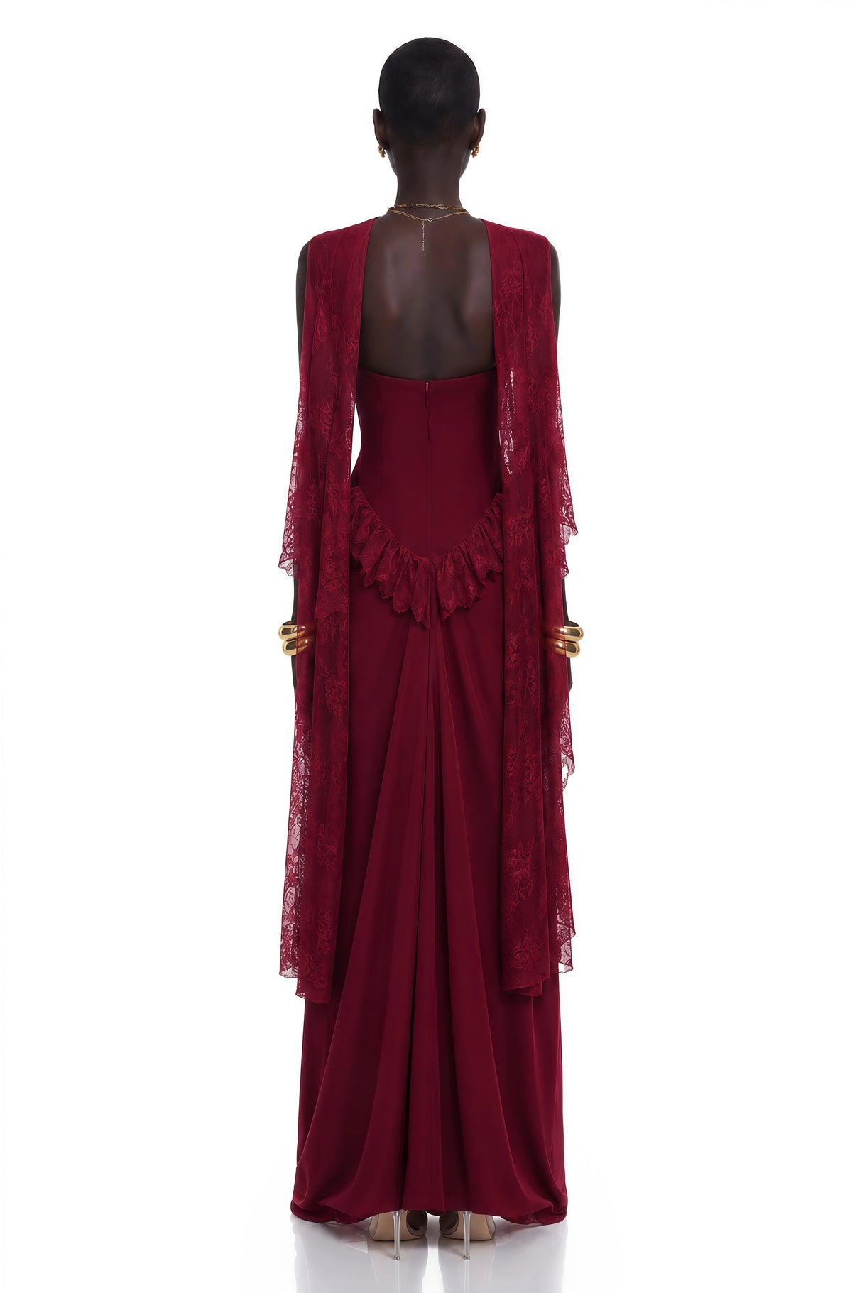 Seraphina Red Floral Lace Maxi Dress with Cape