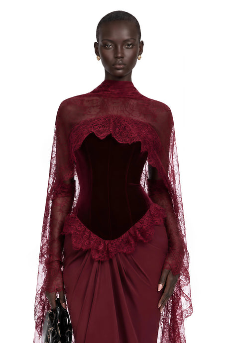 Summer Maxi Dress Red Floral Lace with Cape