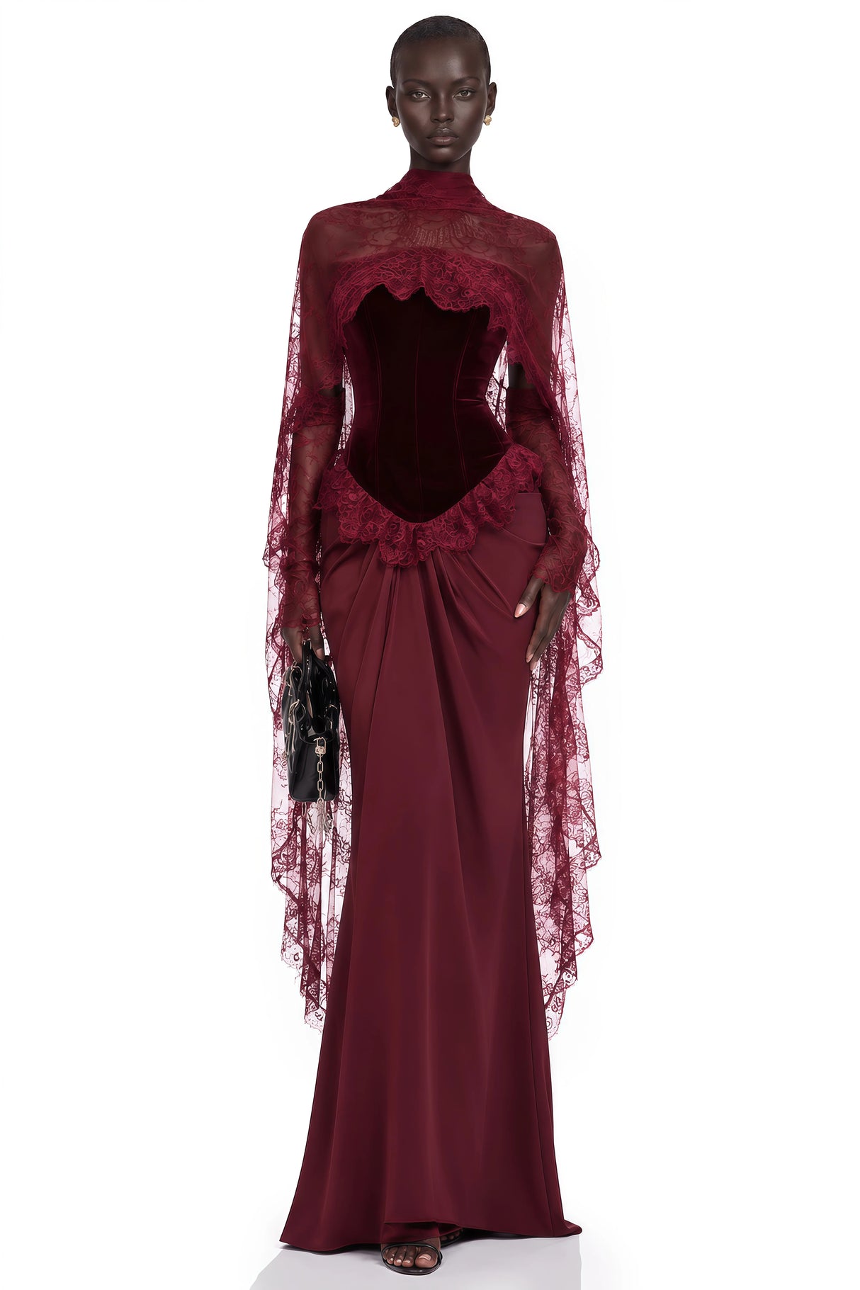 Seraphina Red Floral Lace Maxi Dress with Cape