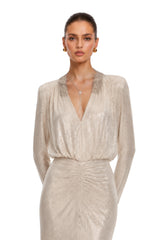 Seraphina Silver Sequin VNeck Long Sleeves Maxi Dress