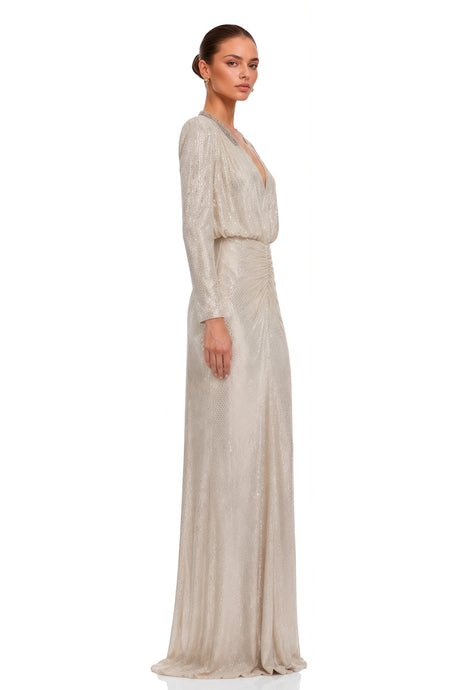 Jolanda Maxi Dress Silver Sequin V-Neck Long Sleeves