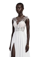 Seraphina White Maxi Dress with Lace Sleeves and Slit