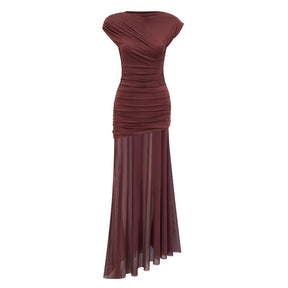 Seren Brown Ruched Tulle Panel Maxi Dress