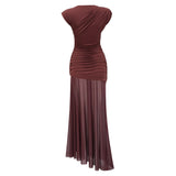 Seren Brown Ruched Tulle Panel Maxi Dress