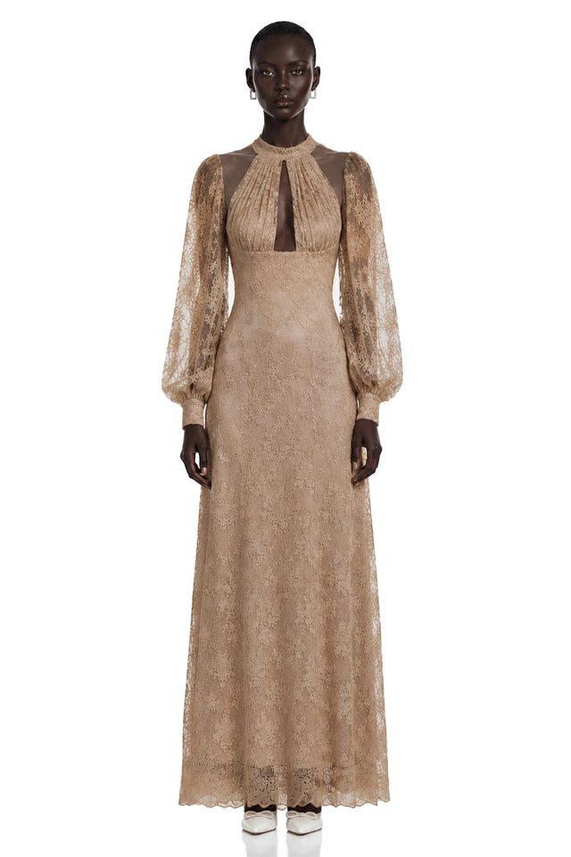 Serena Neutral Floral Lace Long Sleeves Maxi Dress