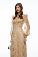 Serena Neutral Floral Lace Long Sleeves Maxi Dress