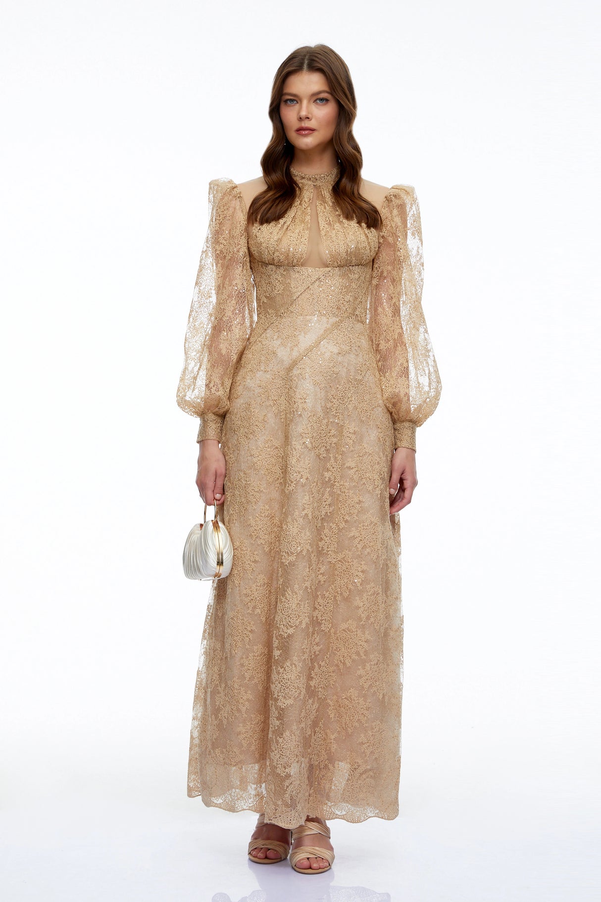 Serena Neutral Floral Lace Long Sleeves Maxi Dress